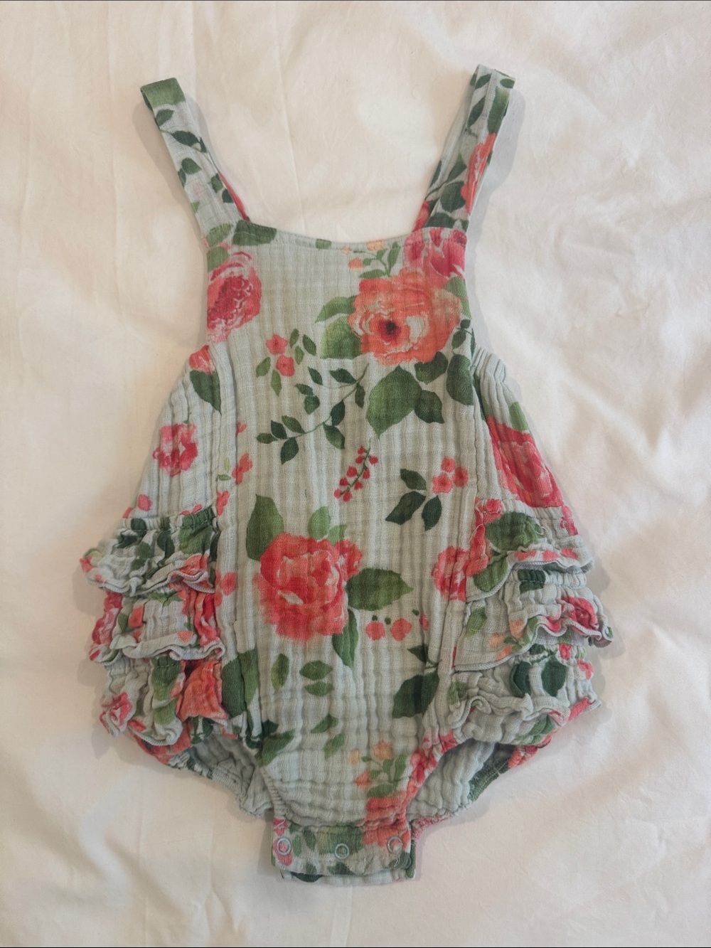 Angel Dear Sage Floral Ruffle Romper with Coral Roses. Size 12-18mo